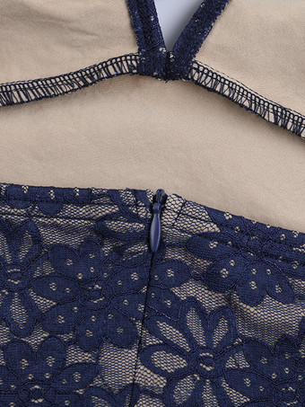 ネイビーブルーのホルターネックレディースマキシドレス - アシンメトリーレースパッチワークバックレスガウン - セクシーなボディコンサマーバースデーパーティーウェア 2026