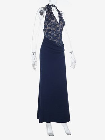 ネイビーブルーのホルターネックレディースマキシドレス - アシンメトリーレースパッチワークバックレスガウン - セクシーなボディコンサマーバースデーパーティーウェア 2026
