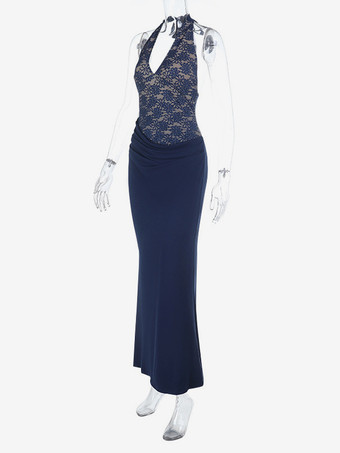 ネイビーブルーのホルターネックレディースマキシドレス - アシンメトリーレースパッチワークバックレスガウン - セクシーなボディコンサマーバースデーパーティーウェア 2026
