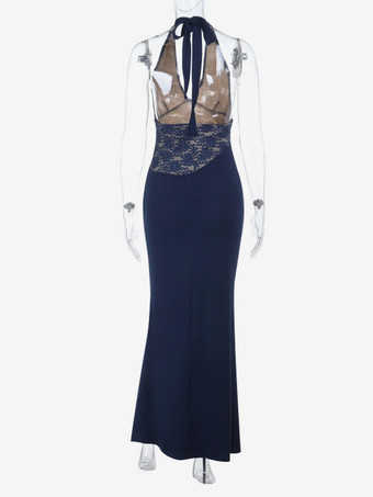 ネイビーブルーのホルターネックレディースマキシドレス - アシンメトリーレースパッチワークバックレスガウン - セクシーなボディコンサマーバースデーパーティーウェア 2026