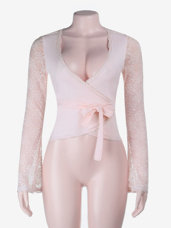 ベビーピンクのラップフロントレディーストップス - シースルーレーススリーブデートナイトブラウス - セクシーなプランジネックバレエコア美的ロマンティック春トップス 2026