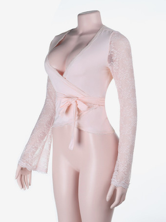 ベビーピンクのラップフロントレディーストップス - シースルーレーススリーブデートナイトブラウス - セクシーなプランジネックバレエコア美的ロマンティック春トップス 2026