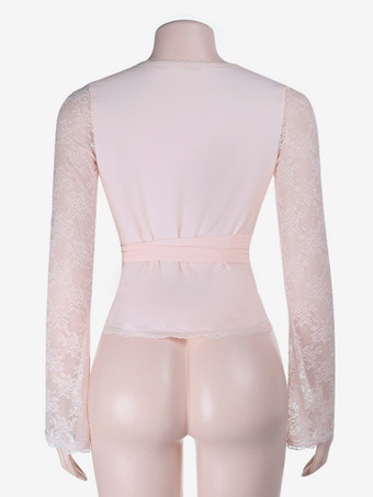 ベビーピンクのラップフロントレディーストップス - シースルーレーススリーブデートナイトブラウス - セクシーなプランジネックバレエコア美的ロマンティック春トップス 2026