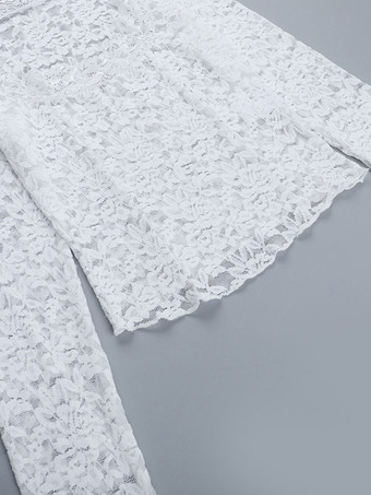 ホワイトフローラルレースシアーレディースクロップトップ - スカラップスクエアネック長袖ブラウス - コケットな雰囲気のフレンチロマンティックな外出用トップス 2026