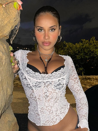 ホワイト ホワイトフローラルレースシアーレディースクロップトップ - スカラップスクエアネック長袖ブラウス - コケットな雰囲気のフレンチロマンティックな外出用トップス 2026