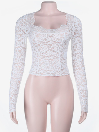 ホワイトフローラルレースシアーレディースクロップトップ - スカラップスクエアネック長袖ブラウス - コケットな雰囲気のフレンチロマンティックな外出用トップス 2026