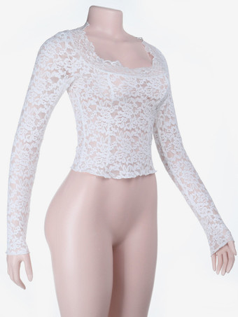 ホワイトフローラルレースシアーレディースクロップトップ - スカラップスクエアネック長袖ブラウス - コケットな雰囲気のフレンチロマンティックな外出用トップス 2026