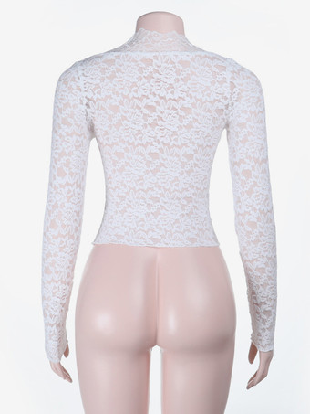 ホワイトフローラルレースシアーレディースクロップトップ - スカラップスクエアネック長袖ブラウス - コケットな雰囲気のフレンチロマンティックな外出用トップス 2026