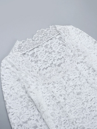 ホワイトフローラルレースシアーレディースクロップトップ - スカラップスクエアネック長袖ブラウス - コケットな雰囲気のフレンチロマンティックな外出用トップス 2026