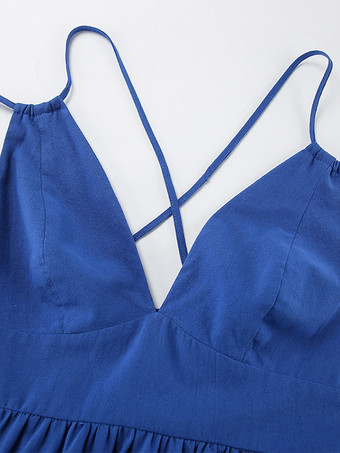 ロイヤルブルー 100% コットン レディース マキシドレス - クリスクロス バックレス ストラップ サンドレス - Vネック サマー ビーチ バケーションドレス 2026