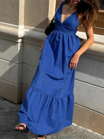 ロイヤルブルー 100% コットン レディース マキシドレス - クリスクロス バックレス ストラップ サンドレス - Vネック サマー ビーチ バケーションドレス 2026