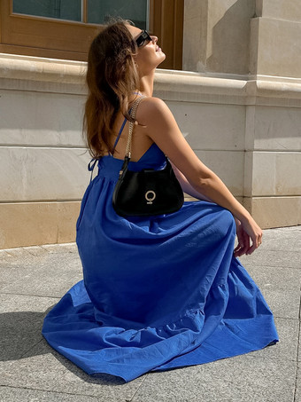 ロイヤルブルー 100% コットン レディース マキシドレス - クリスクロス バックレス ストラップ サンドレス - Vネック サマー ビーチ バケーションドレス 2026