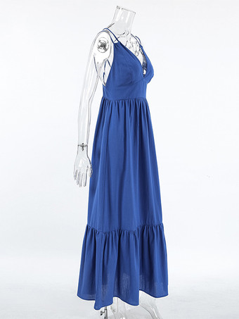 ロイヤルブルー 100% コットン レディース マキシドレス - クリスクロス バックレス ストラップ サンドレス - Vネック サマー ビーチ バケーションドレス 2026