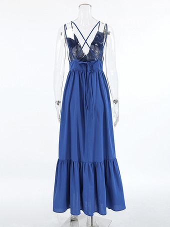 ロイヤルブルー 100% コットン レディース マキシドレス - クリスクロス バックレス ストラップ サンドレス - Vネック サマー ビーチ バケーションドレス 2026