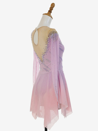 ピンクのキラキララインストーンフィギュアスケートドレス（長袖、全年齢対象）