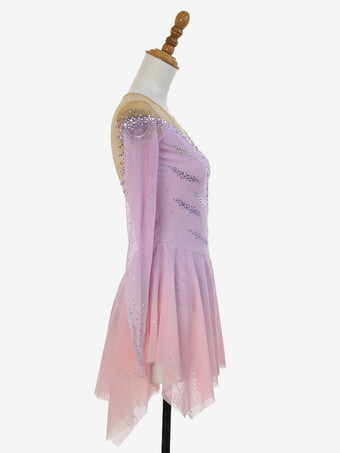 ピンクのキラキララインストーンフィギュアスケートドレス（長袖、全年齢対象）