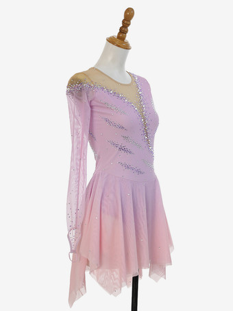 ピンクのキラキララインストーンフィギュアスケートドレス（長袖、全年齢対象）