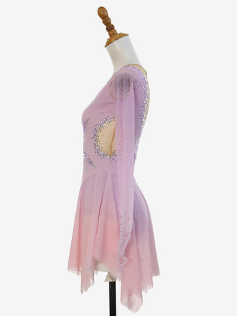 ピンクのキラキララインストーンフィギュアスケートドレス（長袖、全年齢対象）