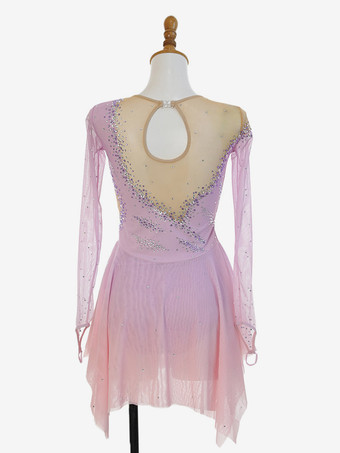 ピンクのキラキララインストーンフィギュアスケートドレス（長袖、全年齢対象）