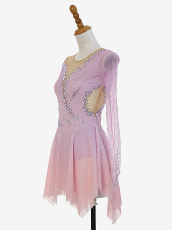 ピンクのキラキララインストーンフィギュアスケートドレス（長袖、全年齢対象）