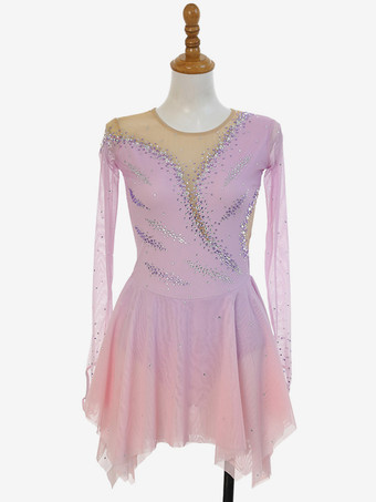 ピンクピンクのキラキララインストーンフィギュアスケートドレス（長袖、全年齢対象）