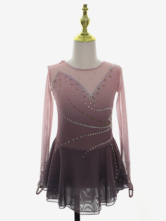 ダークピンクダスティピンク フィギュアスケートドレス ラインストーンメッシュ 競技用アパレル 女の子用