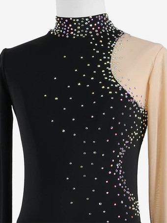 ダークブラックのエレガントなスケートドレス、長袖メッシュ、ビーズ、ラインストーン、スケートコスチューム