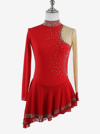 ダークブラックのエレガントなスケートドレス、長袖メッシュ、ビーズ、ラインストーン、スケートコスチューム