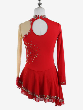 レッド ダークブラックのエレガントなスケートドレス、長袖メッシュ、ビーズ、ラインストーン、スケートコスチューム