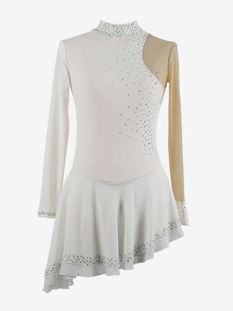 ホワイト ダークブラックのエレガントなスケートドレス、長袖メッシュ、ビーズ、ラインストーン、スケートコスチューム