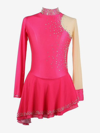 ローズレッドダークブラックのエレガントなスケートドレス、長袖メッシュ、ビーズ、ラインストーン、スケートコスチューム