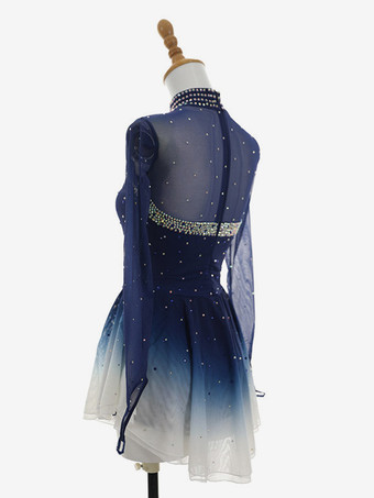 オンブレディープブルーフィギュアスケートドレス長袖ラインストーンメッシュ競技用ウェア（女の子と女性用）