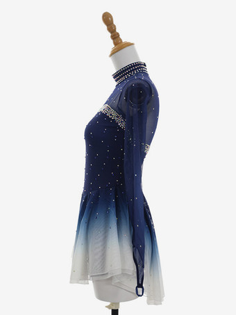 オンブレディープブルーフィギュアスケートドレス長袖ラインストーンメッシュ競技用ウェア（女の子と女性用）