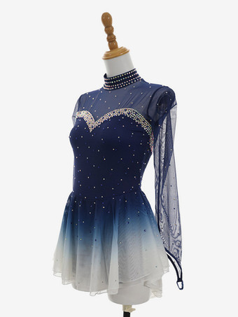 オンブレディープブルーフィギュアスケートドレス長袖ラインストーンメッシュ競技用ウェア（女の子と女性用）