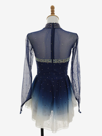 オンブレディープブルーフィギュアスケートドレス長袖ラインストーンメッシュ競技用ウェア（女の子と女性用）