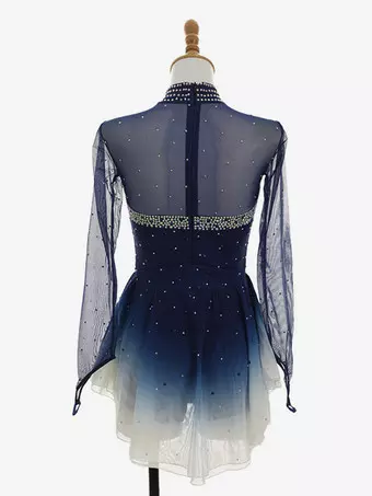 blue ombre figure skating dress Ombré Deep Long Sleeve Rhinestone Mesh Competition Wear For Girls And Women blue figure skating dress