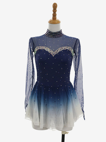 ブルー オンブレディープブルーフィギュアスケートドレス長袖ラインストーンメッシュ競技用ウェア（女の子と女性用）