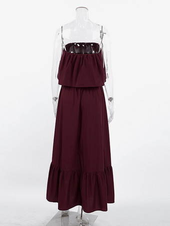 100%コットン ストラップレス レディース マキシドレス アースカラー - セクシーなチューブトップ ラッフル サンドレス - ボヘミアン ビーチ バケーション ロングドレス 2026