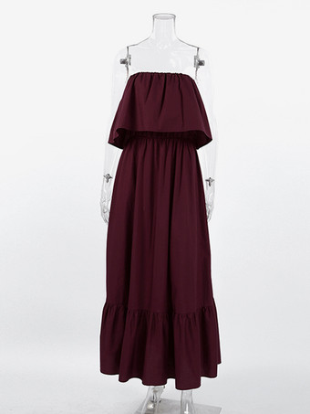 100%コットン ストラップレス レディース マキシドレス アースカラー - セクシーなチューブトップ ラッフル サンドレス - ボヘミアン ビーチ バケーション ロングドレス 2026