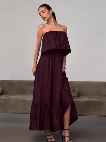 100%コットン ストラップレス レディース マキシドレス アースカラー - セクシーなチューブトップ ラッフル サンドレス - ボヘミアン ビーチ バケーション ロングドレス 2026