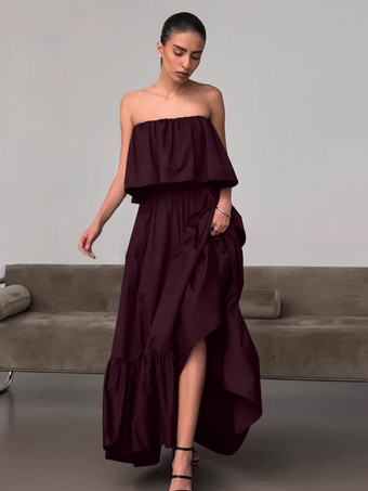 ワインレッド 100%コットン ストラップレス レディース マキシドレス アースカラー - セクシーなチューブトップ ラッフル サンドレス - ボヘミアン ビーチ バケーション ロングドレス 2026