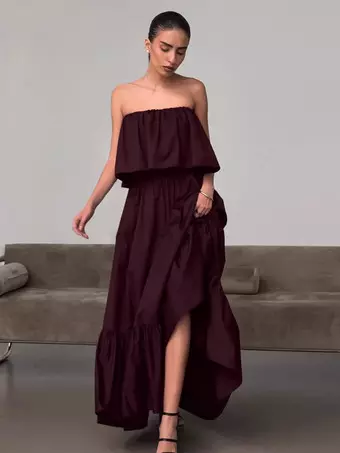 plus size ladies dress suits Beaded Tube Top Off-Shoulder Pleated Formal Gowns High Slit A-Line Eve –  Laxag main image 0