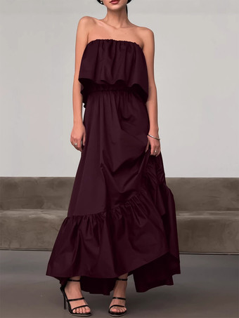 100%コットン ストラップレス レディース マキシドレス アースカラー - セクシーなチューブトップ ラッフル サンドレス - ボヘミアン ビーチ バケーション ロングドレス 2026