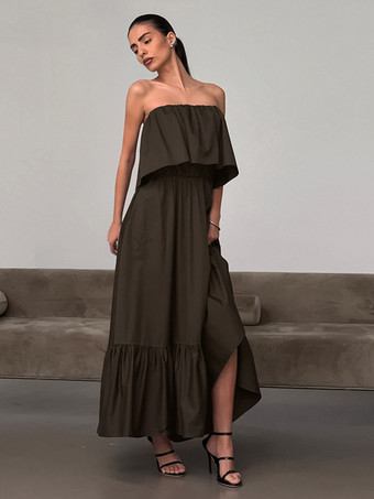 100%コットン ストラップレス レディース マキシドレス アースカラー - セクシーなチューブトップ ラッフル サンドレス - ボヘミアン ビーチ バケーション ロングドレス 2026