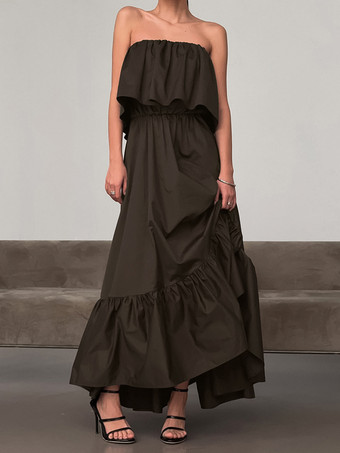 100%コットン ストラップレス レディース マキシドレス アースカラー - セクシーなチューブトップ ラッフル サンドレス - ボヘミアン ビーチ バケーション ロングドレス 2026