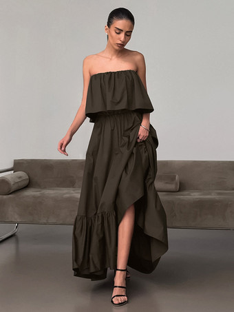 ブラウン100%コットン ストラップレス レディース マキシドレス アースカラー - セクシーなチューブトップ ラッフル サンドレス - ボヘミアン ビーチ バケーション ロングドレス 2026