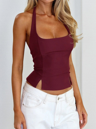 ダークレッドホルターネックのバックレスクロップトップ - セクシーなバレエコア素材の露出したバックジッパーキャミソール - コケットな美的ナイトアウトスリムフィットタンクトップ 2026