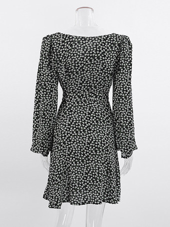 ヴィンテージ風フローラル柄レディースティードレス - パフスリーブ ベルト付きミニドレス - ポインテッドカラー ロマンティックなデートナイトコーデ 2026