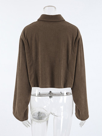 ブラウンコーデュロイのレディースクロップドジャケット - オーバーサイズユーティリティトップ - マイラールスタイルのストリートウェアカジュアルデイリーアウトフィット2026