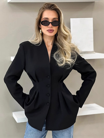 ブラック アワーグラス テーラード レディース ブラック ブレザー - ストラクチャードショルダー シングルブレスト シンチジャケット - コーポレートコア カジュアル ワークウェア アウター 2026